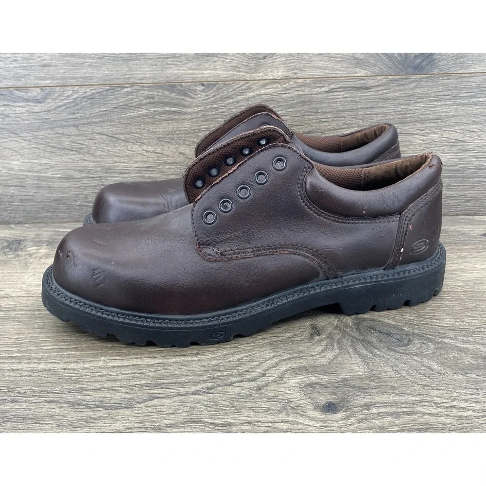 Skechers Relaxed Fit Work Shoes Mens 11 Brown Leather Slip Resistant 4096